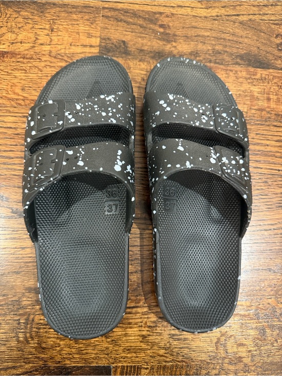 Freedom Moses Shoes - Freedom Moses Women's Black Double Strap Slide Sandals with White Speckle